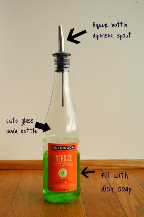 Use a liquor or olive oil dispenser spout for dish or hand soap.