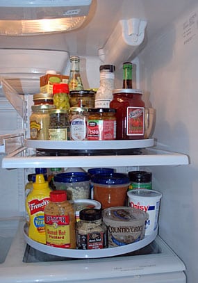 A Lazy Susan for the fridge makes everything more accessible.